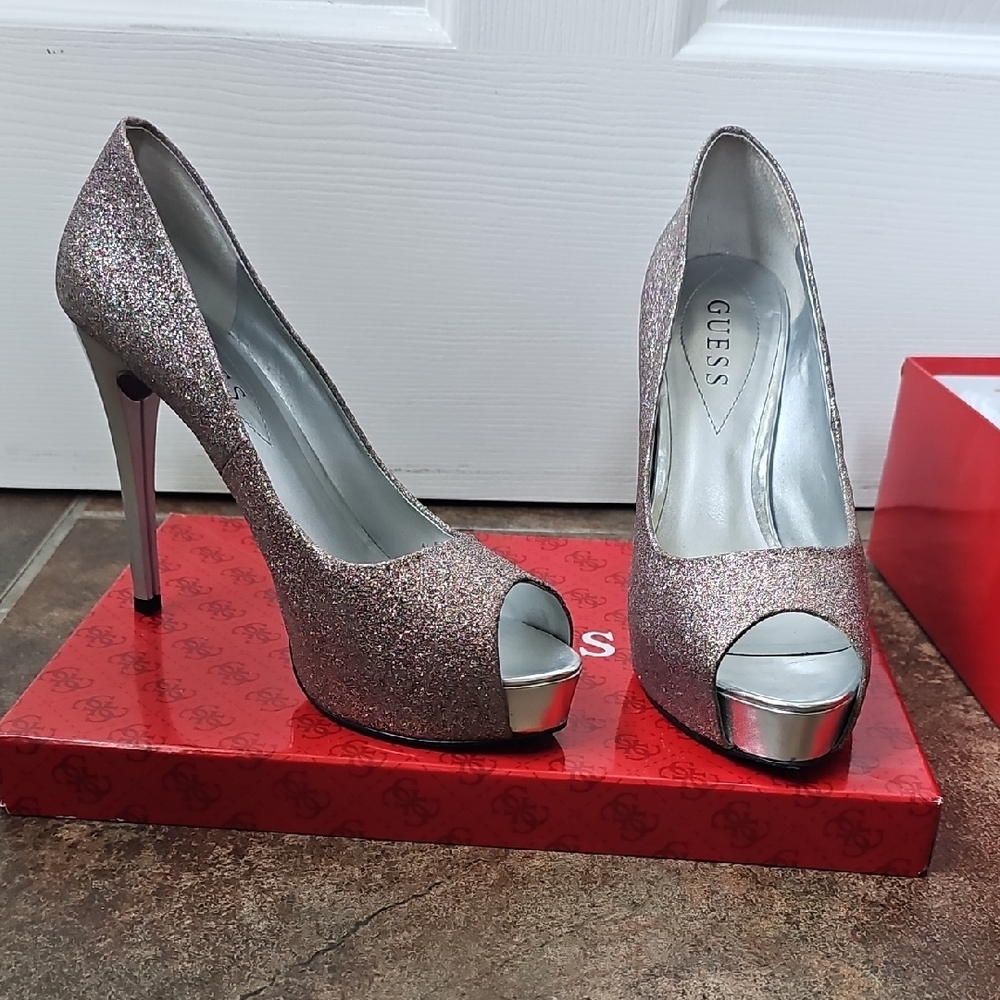 GUESS Women's Sparkling Peep Toe Heels - Silver and Pink